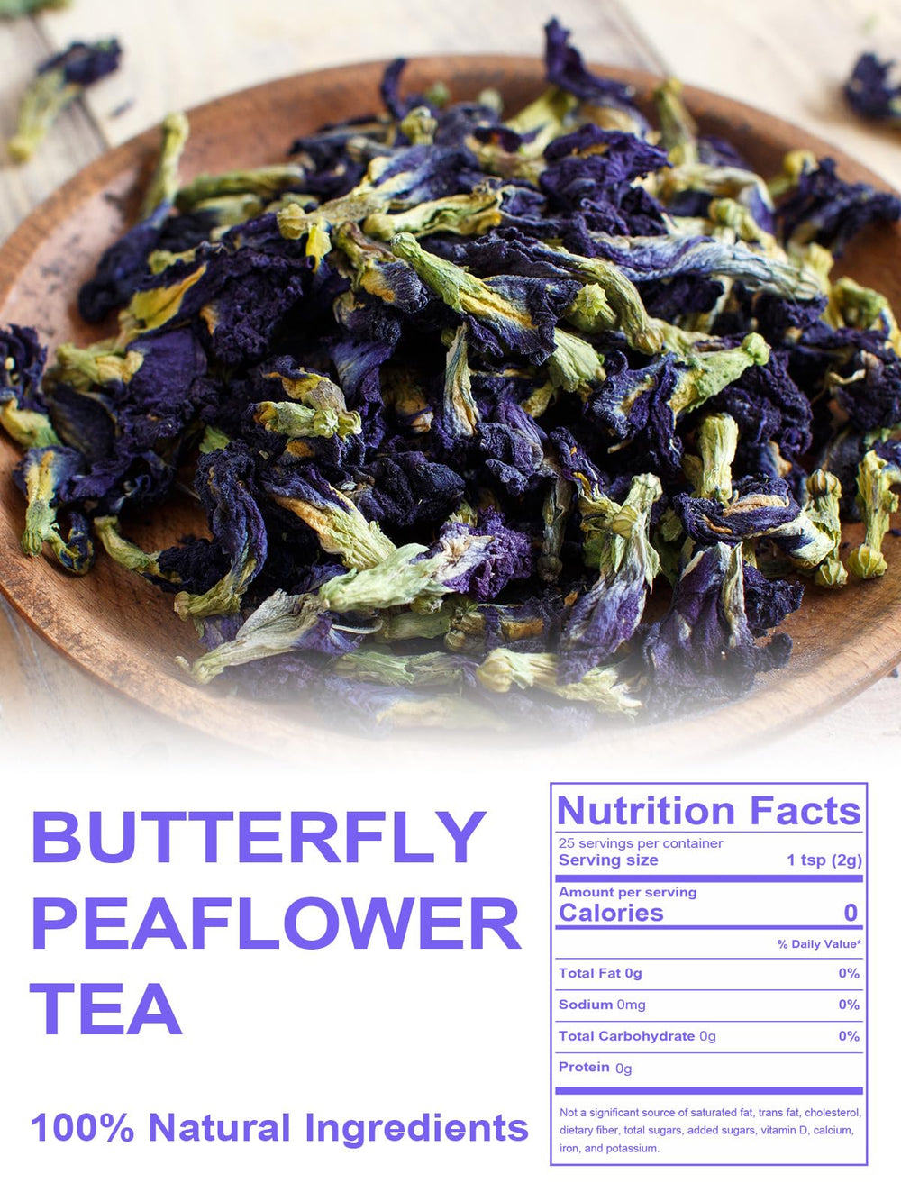 TeeLux Butterfly Pea Tea dried flowers emphasize purity for mindful brewing.