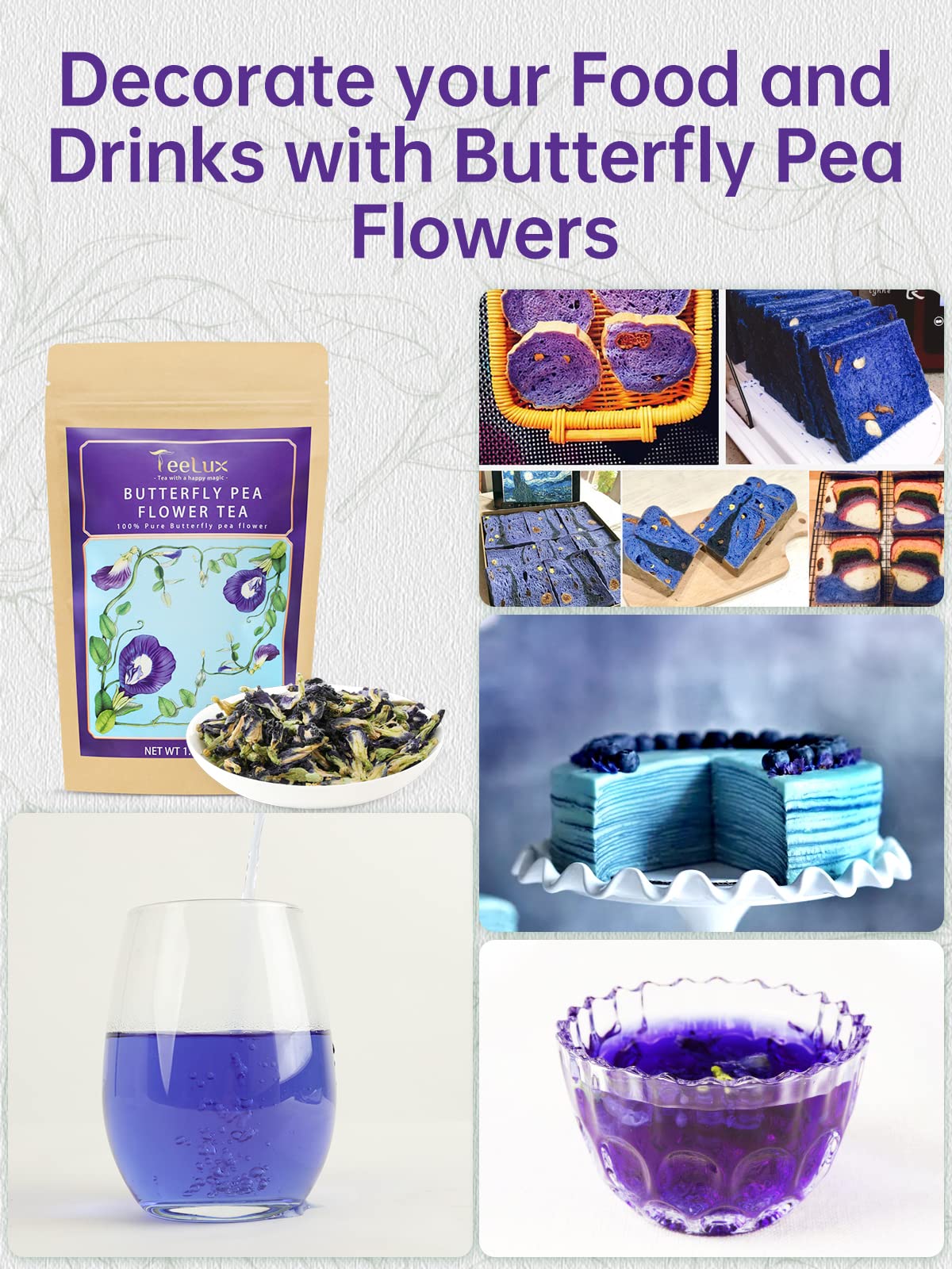 TeeLux Butterfly Pea Tea acts as a natural food coloring for desserts and beverages.