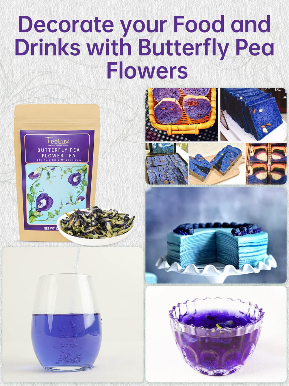 TeeLux Butterfly Pea Tea acts as a natural food coloring for desserts and beverages.