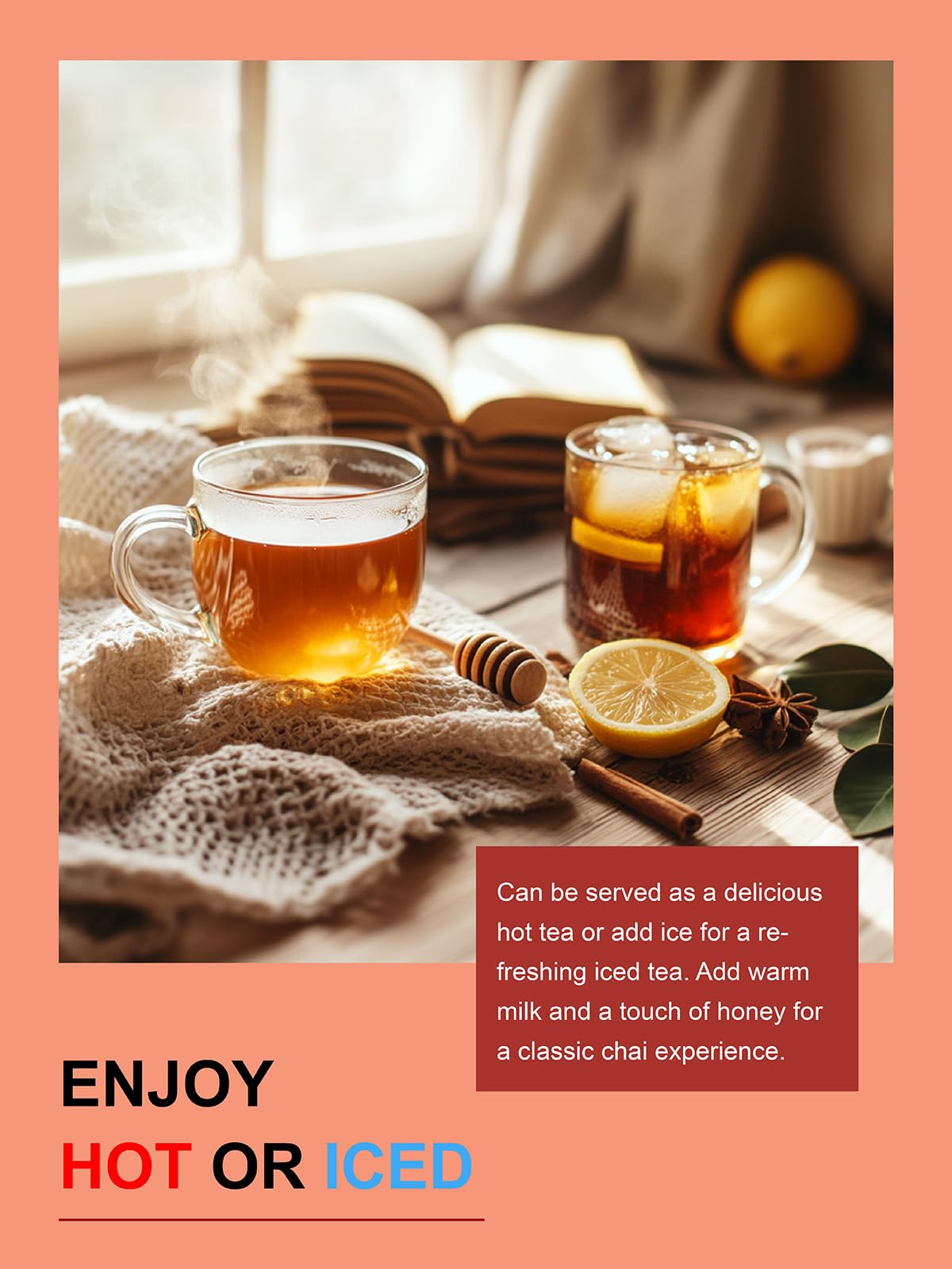 Tall glass of TeeLux chai iced tea with cooled color and spice notes