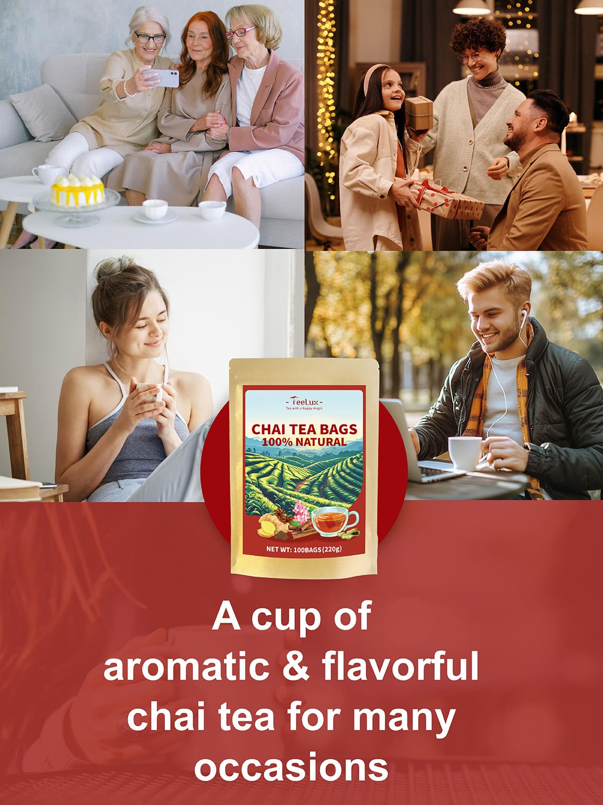 TeeLux chai tea bags without string or tag for clean, waste-free brewing