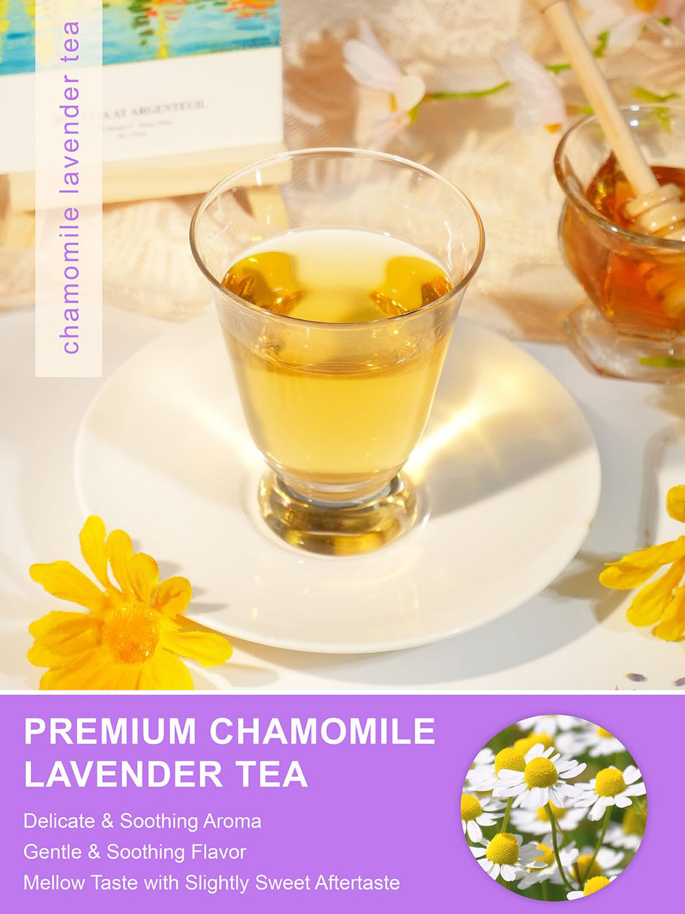 TeeLux chamomile lavender tea aroma steam rising from a cup for relaxation.