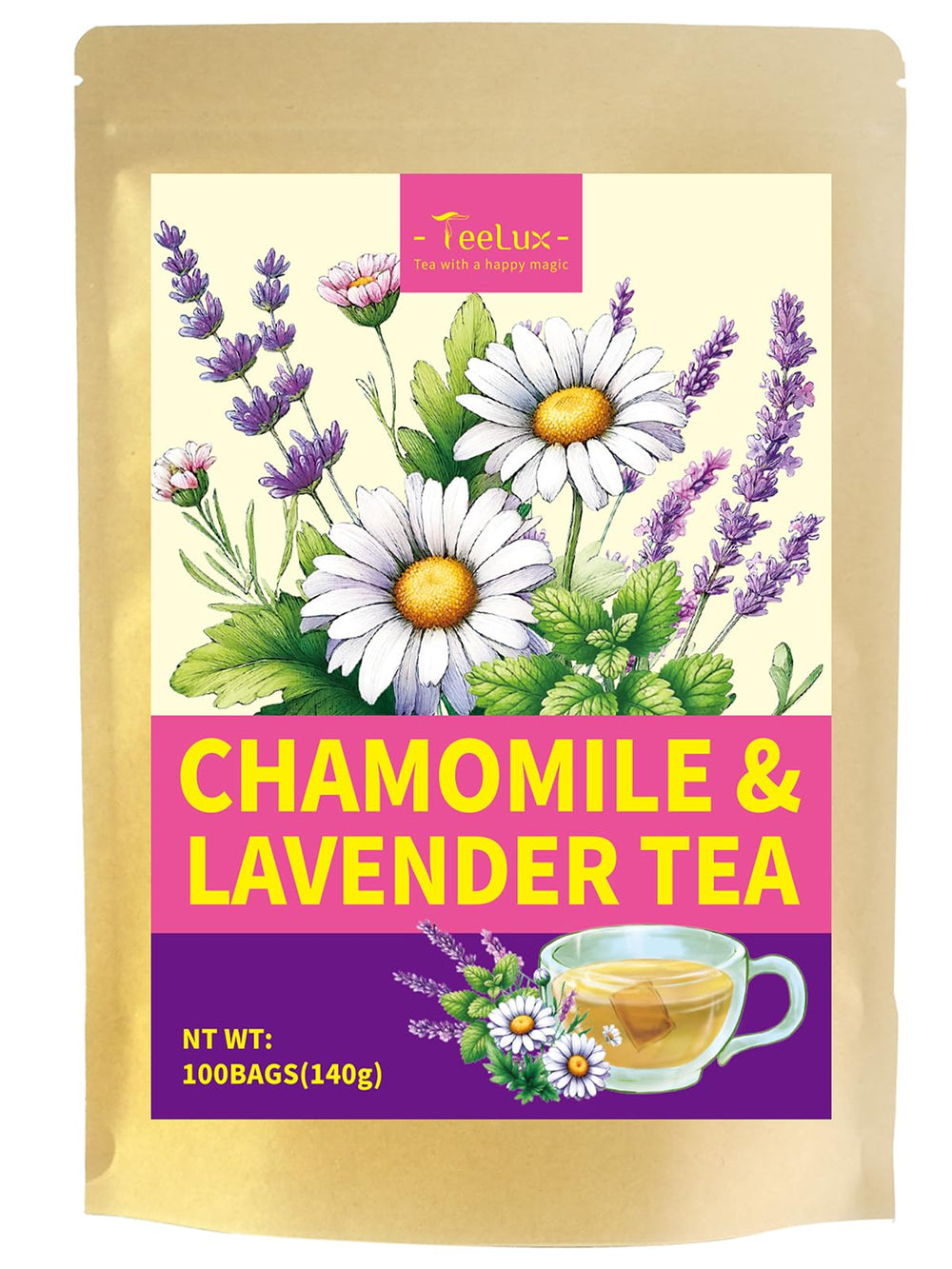 TeeLux chamomile lavender tea bags pack in a 100-count box for daily calm.