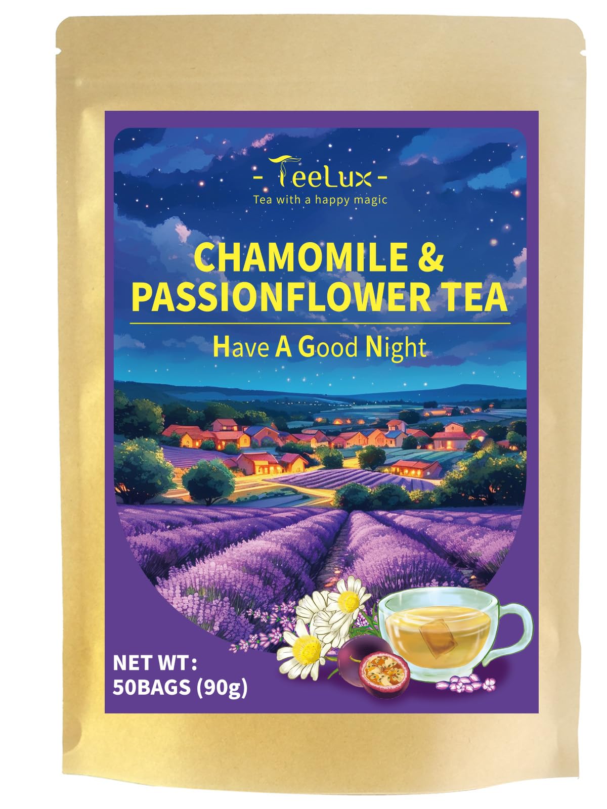 TeeLux Chamomile Passionflower tea packaging shows premium herbal blend for easy use.