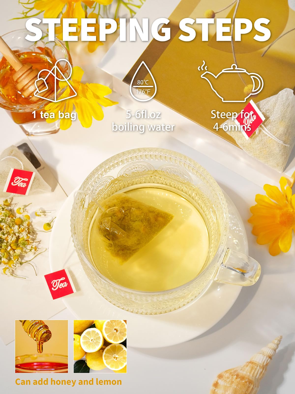 Foil-lined kraft pouch keeps TeeLux chamomile tea fresh.