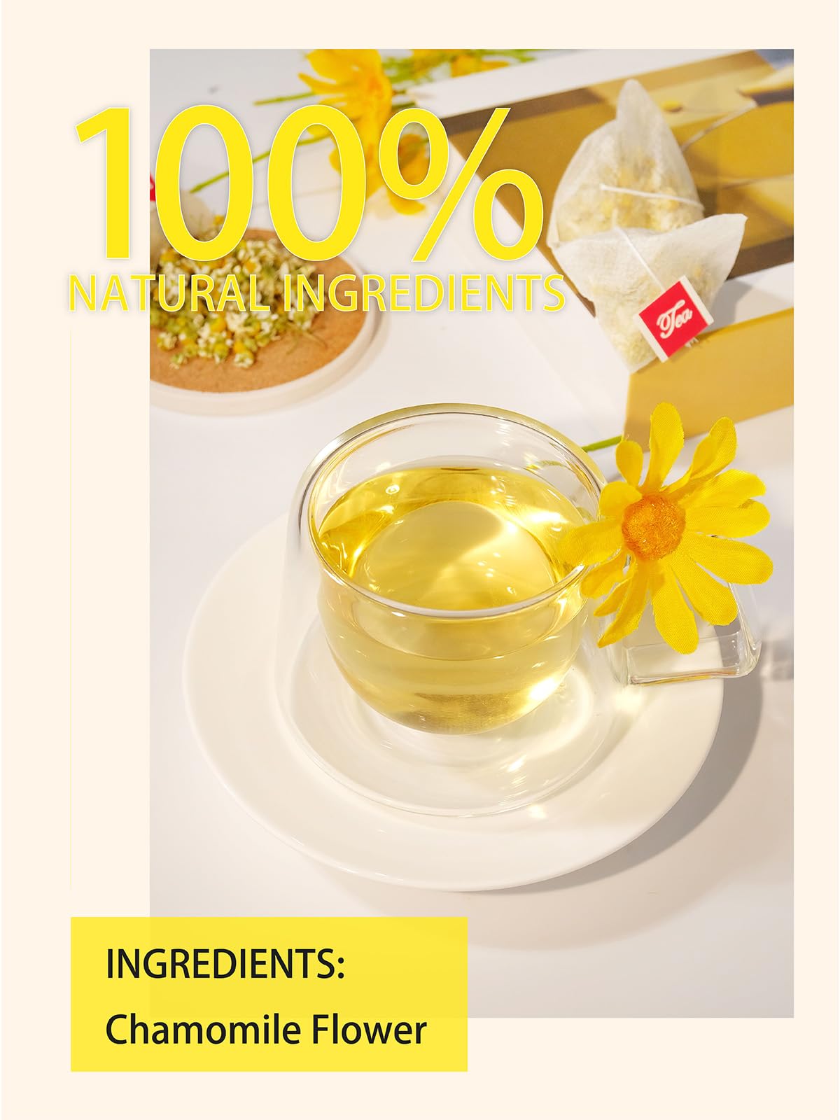 TeeLux chamomile tea steeping in a cup for a calm, caffeine-free moment.