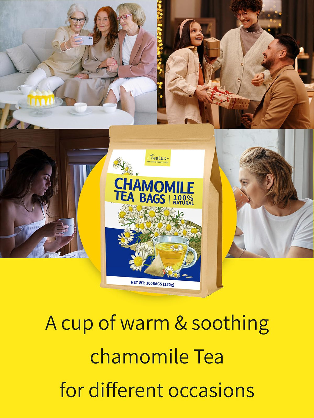 Hot cup of TeeLux chamomile tea ready to unwind.