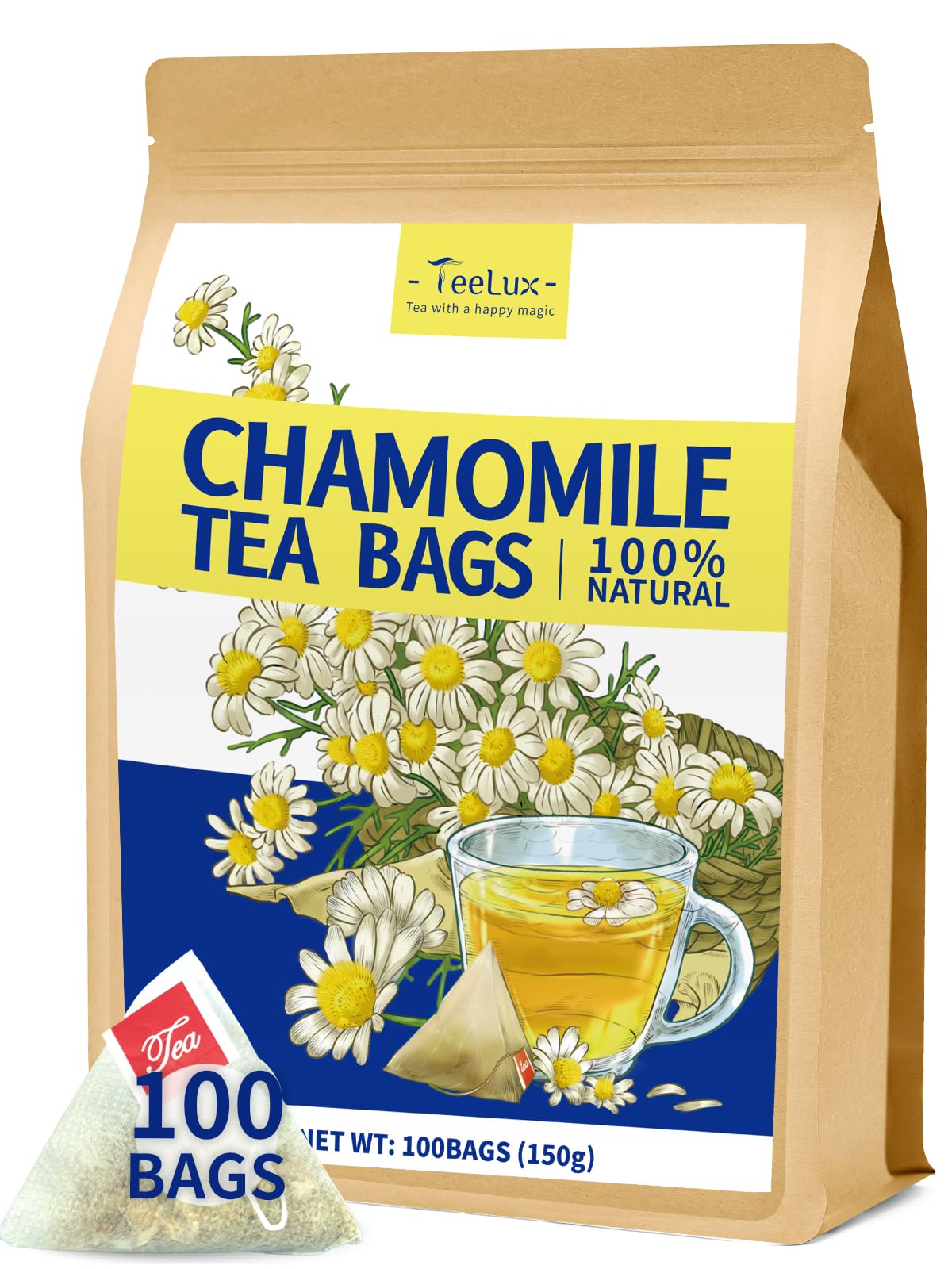 TeeLux chamomile tea packaging with compostable bags highlighting eco-friendly design.