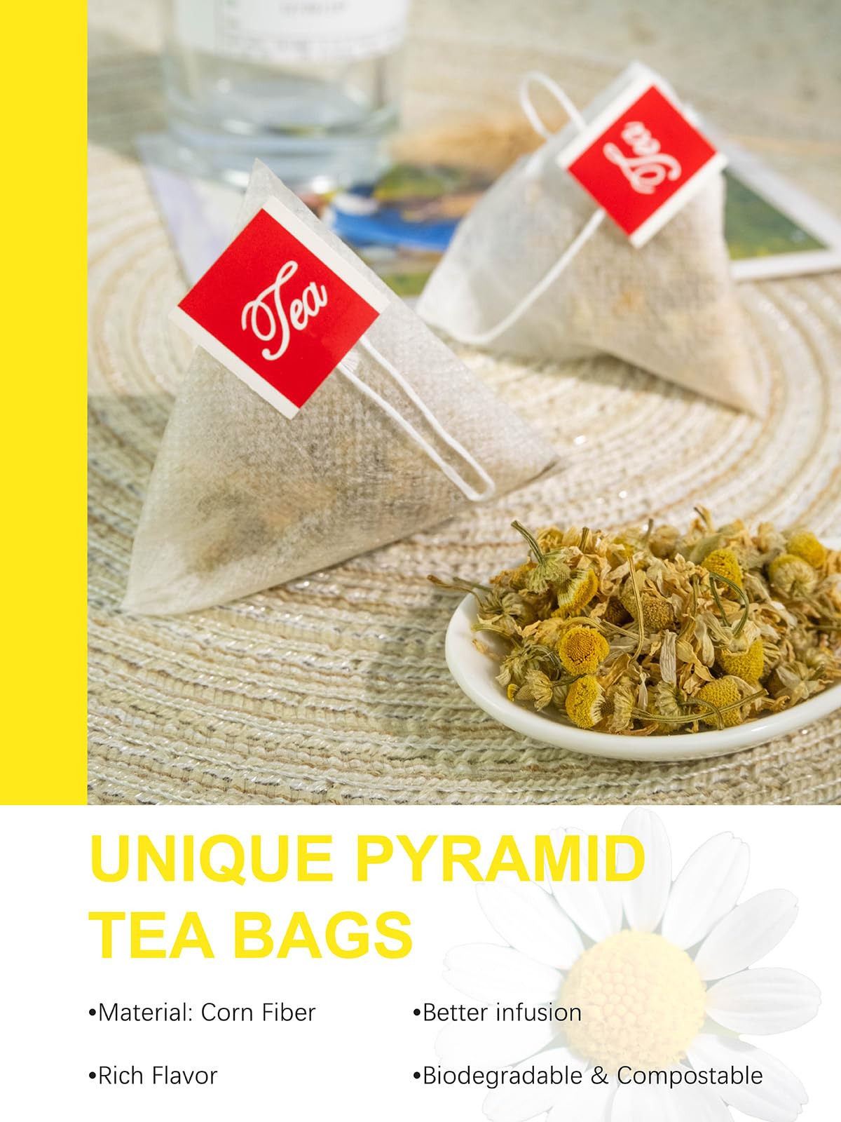 Sun-dried chamomile flowers preserved by TeeLux for natural flavor.