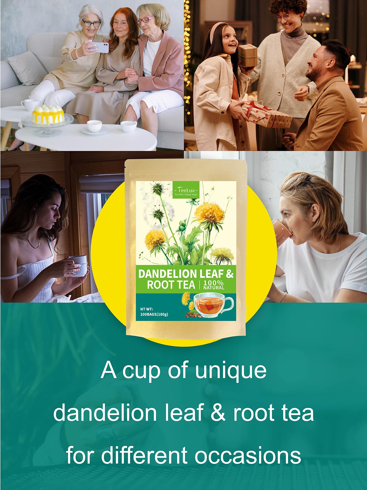 TeeLux leaf and root tea image emphasizes the natural blend and ingredients.