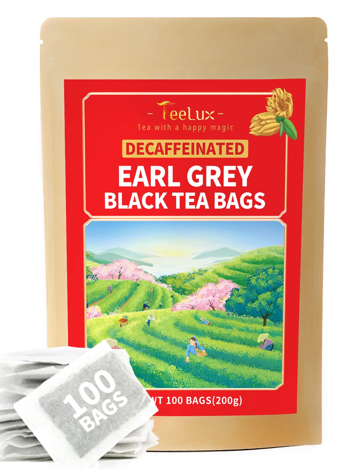 TeeLux Decaf Earl Grey tea bags pack for daily, eco-conscious brewing.