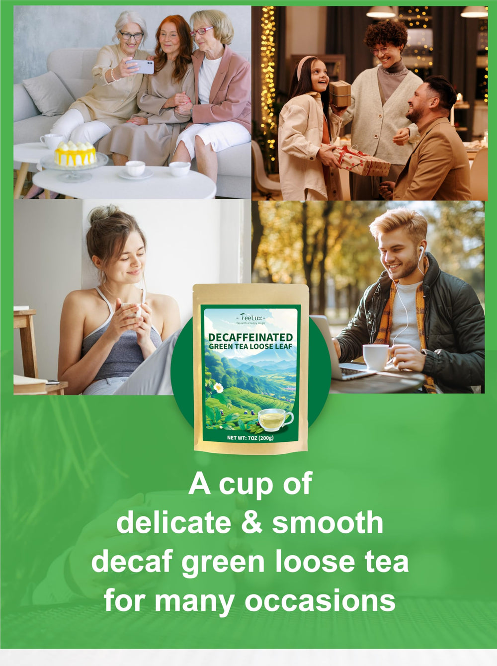 TeeLux Decaf Green Tea in glass cup showcasing color and aroma.
