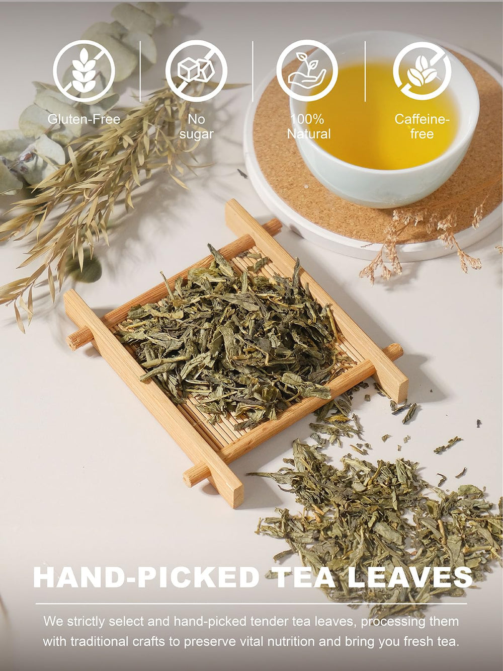 Premium TeeLux decaf green tea sencha leaves deliver vibrant flavor.