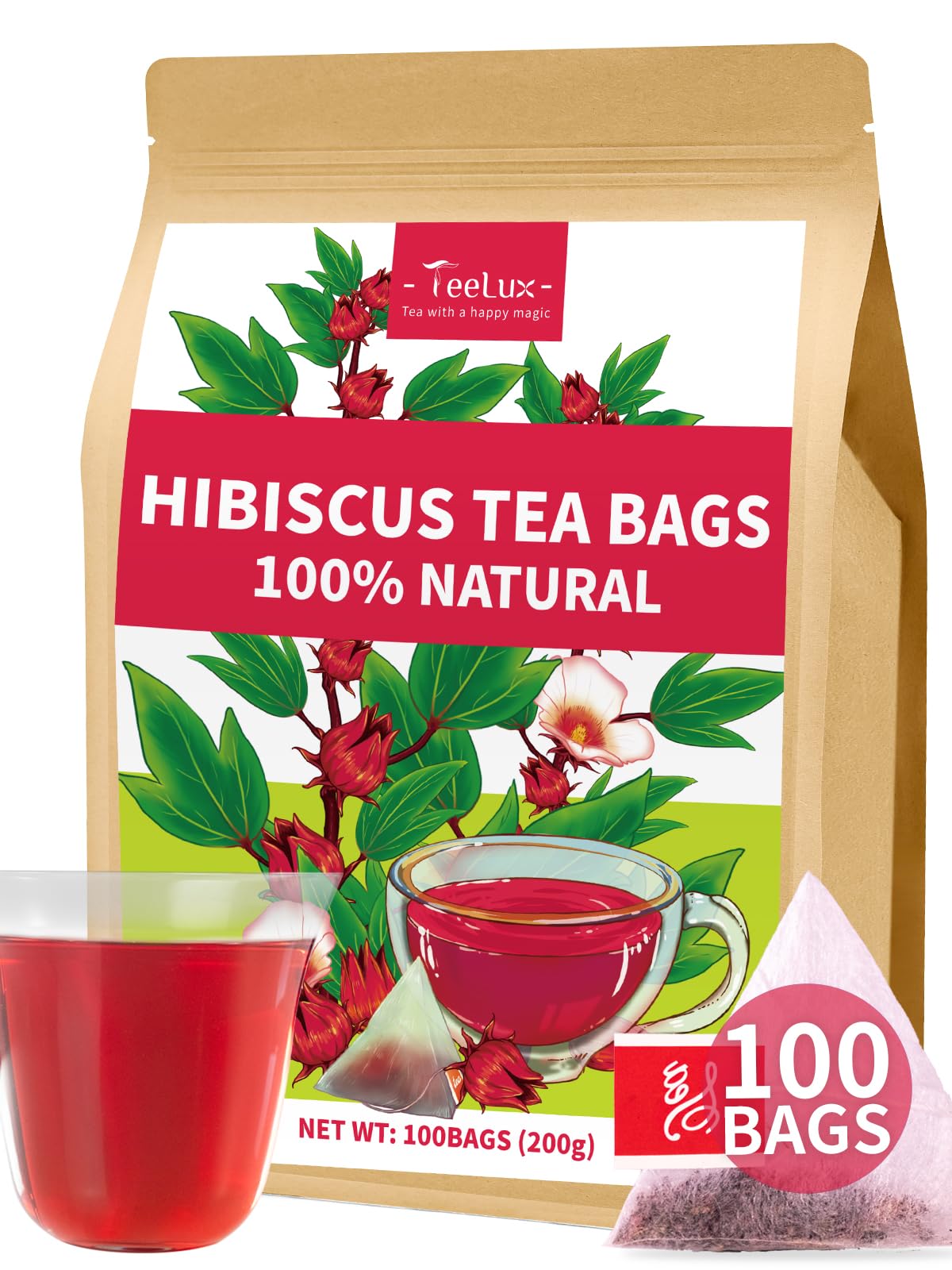 TeeLux hibiscus tea bags packaging in compostable pouch.