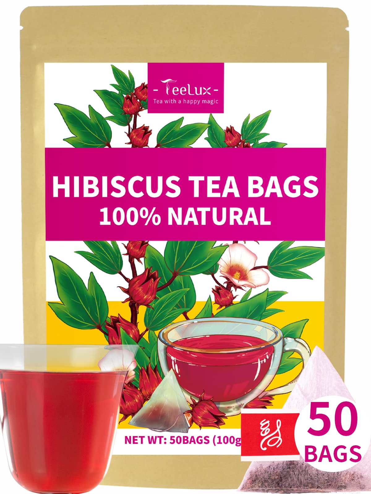 TeeLux hibiscus tea bags in a resealable pouch for fresh, caffeine-free flavor.