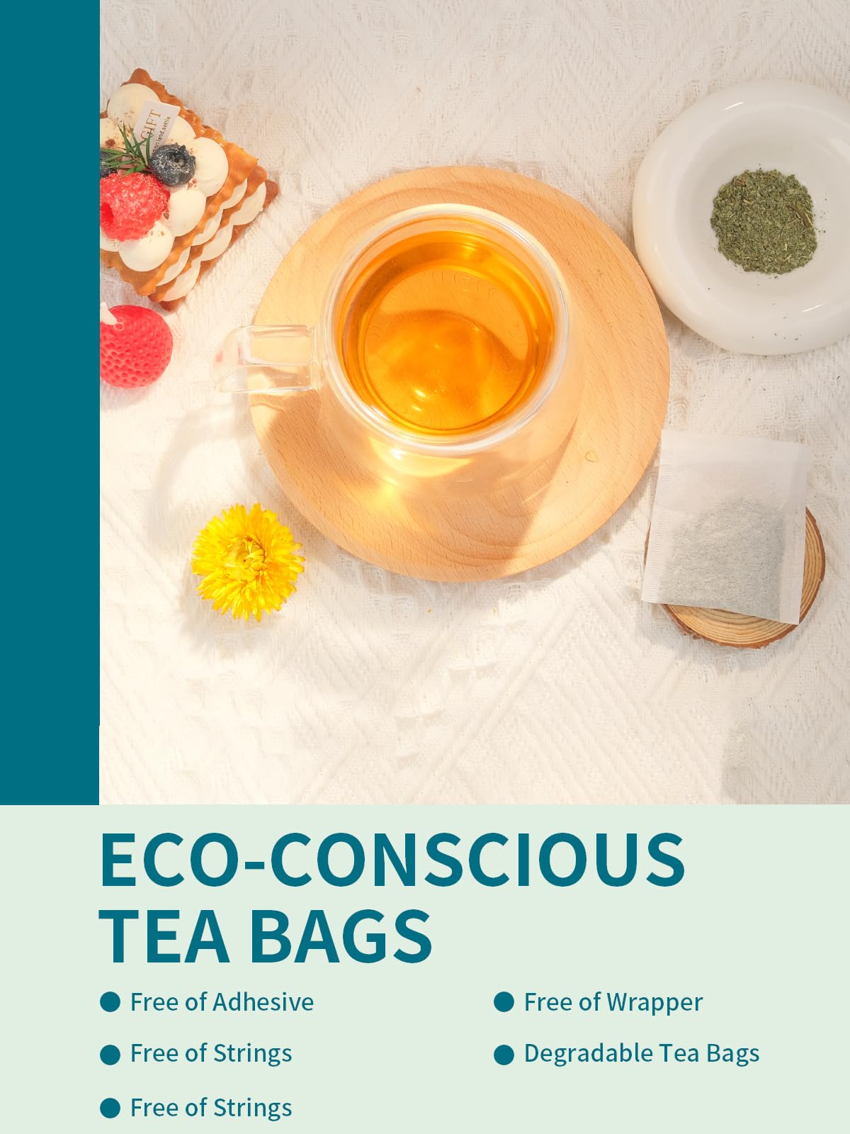 TeeLux Tea Bags in a resealable pouch stay fresh and reduce waste.
