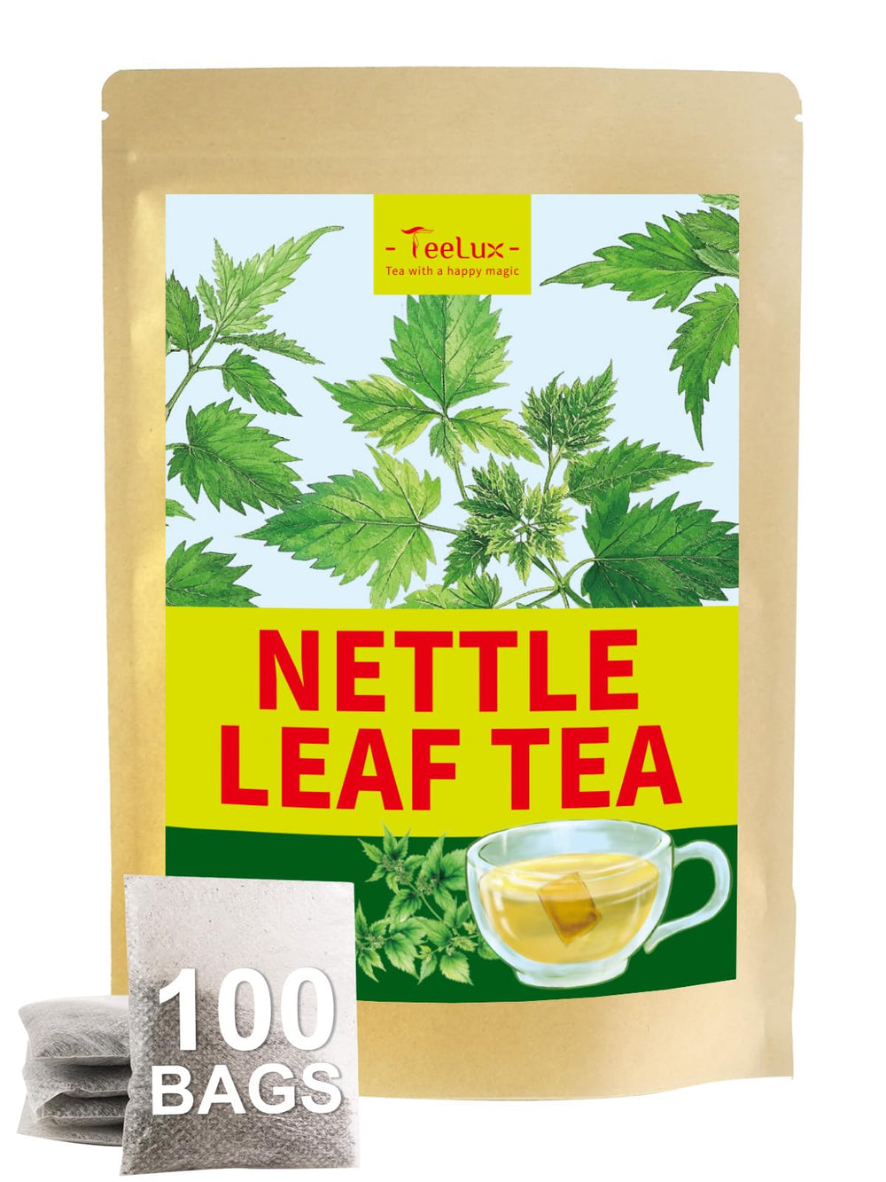 TeeLux nettle leaf tea bags in packaging showing freshness and long shelf life