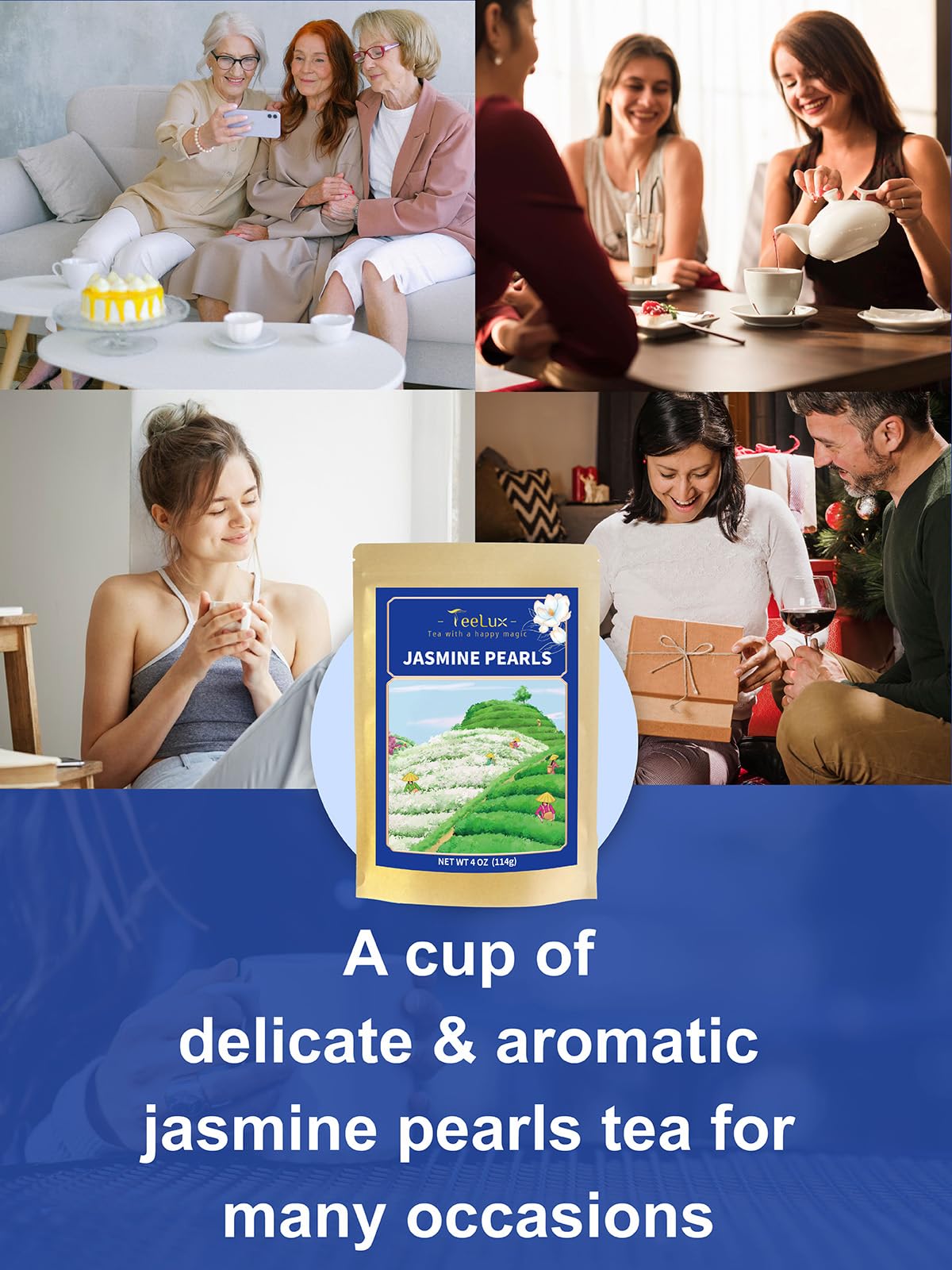 TeeLux vibrant green tea leaves steeping into a bright infusion.