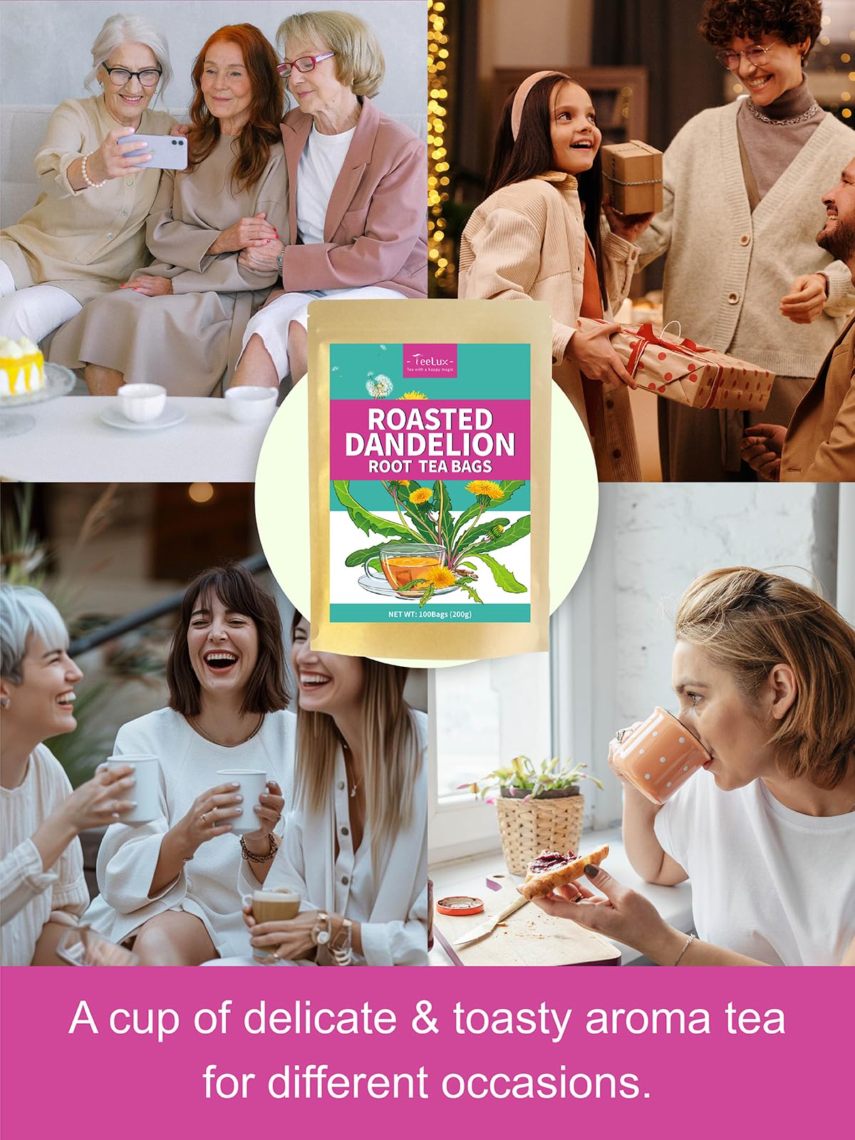 TeeLux label detail on tea bags signals premium, caffeine-free herbal option