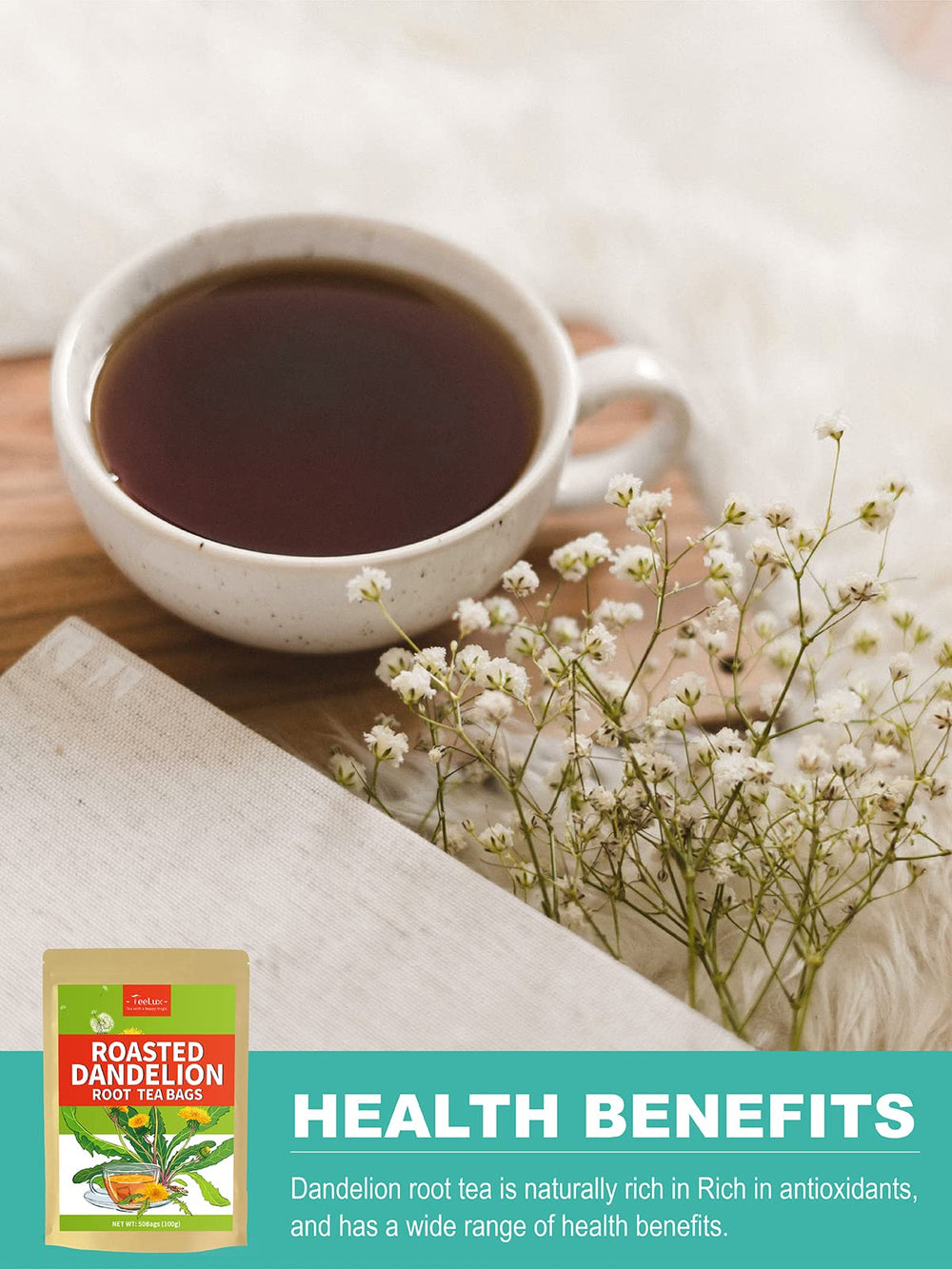 Teelux roasted dandelion root tea bags packaging label emphasizes premium sourcing.