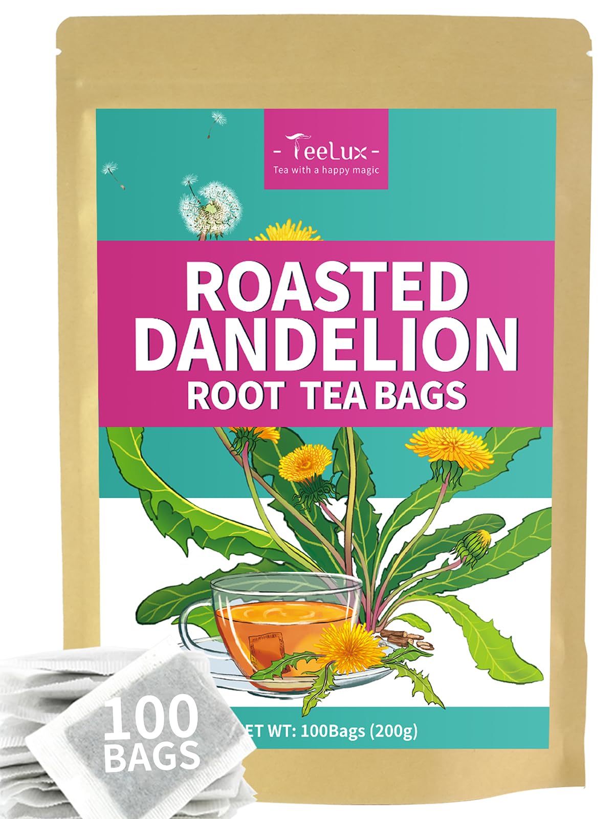 TeeLux roasted dandelion root tea bags packaging showing freshness and sustainability