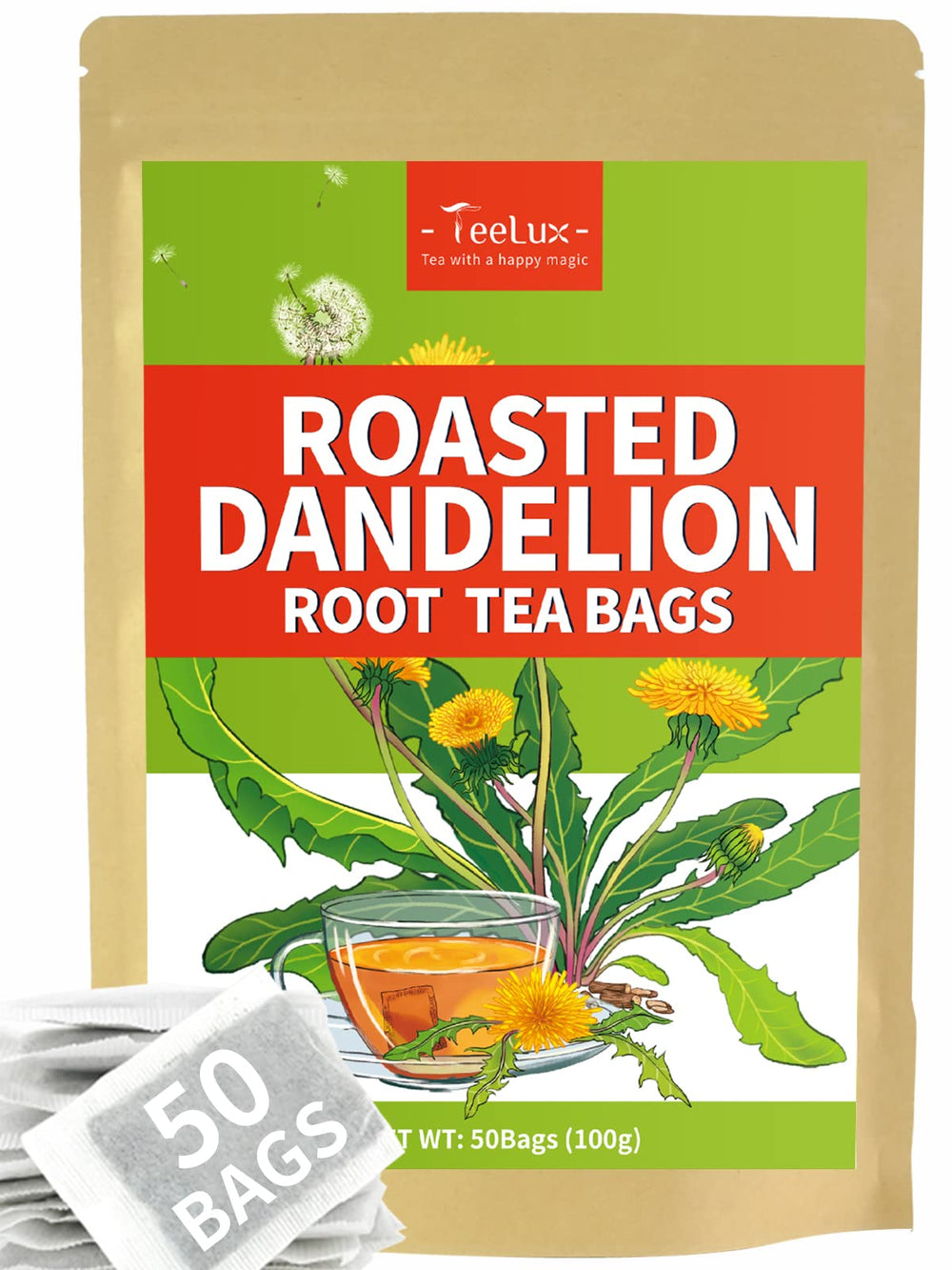 Teelux roasted dandelion root tea bags packaging highlighting eco-friendly, caffeine-free herbal option.
