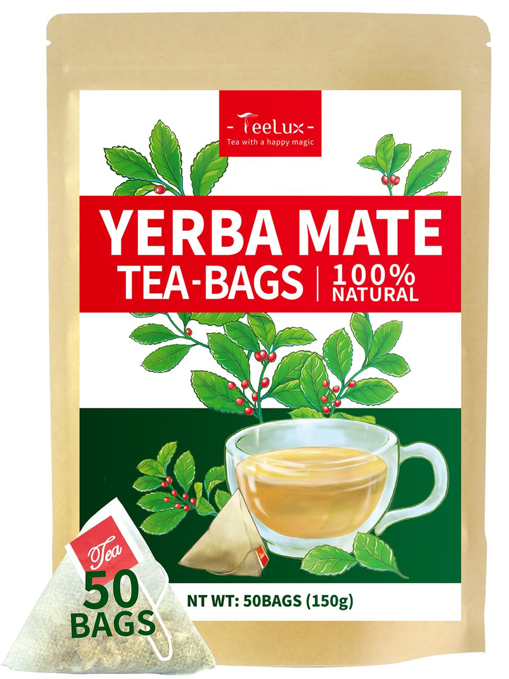 TeeLux Yerba Mate tea bag in a cup ready to pour for smooth hot or iced tea