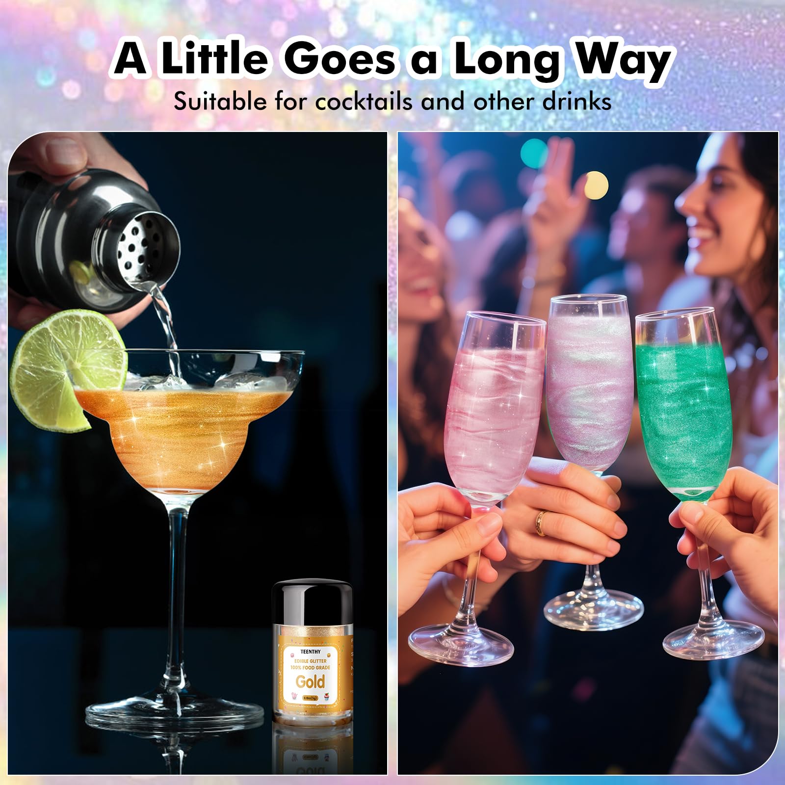 TEENTHY edible glitter for cocktails, sprinkle directly or brush.