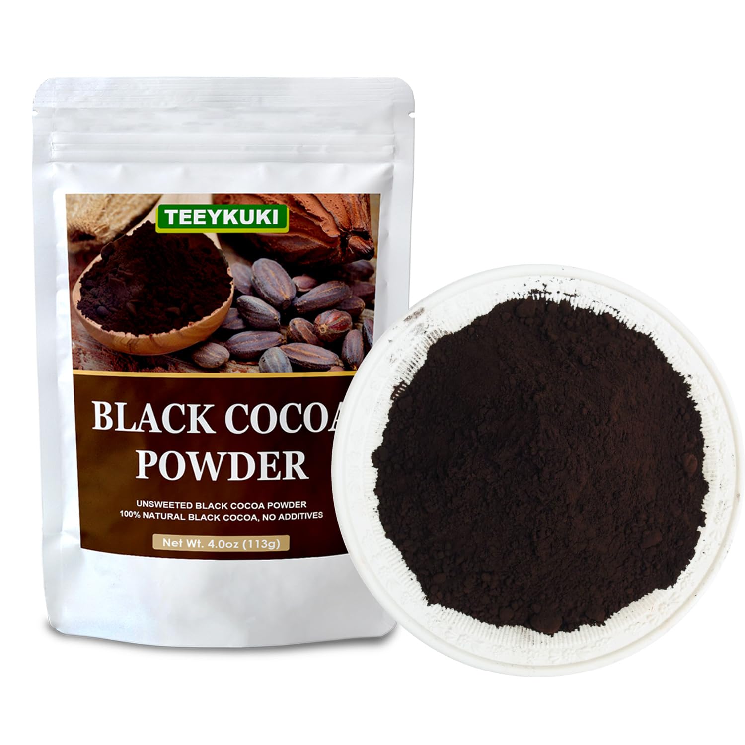 TEEYKUKI Black Cocoa Powder jar label closeup emphasizes quality and non-GMO status.