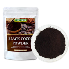 TEEYKUKI Black Cocoa Powder jar label closeup emphasizes quality and non-GMO status.