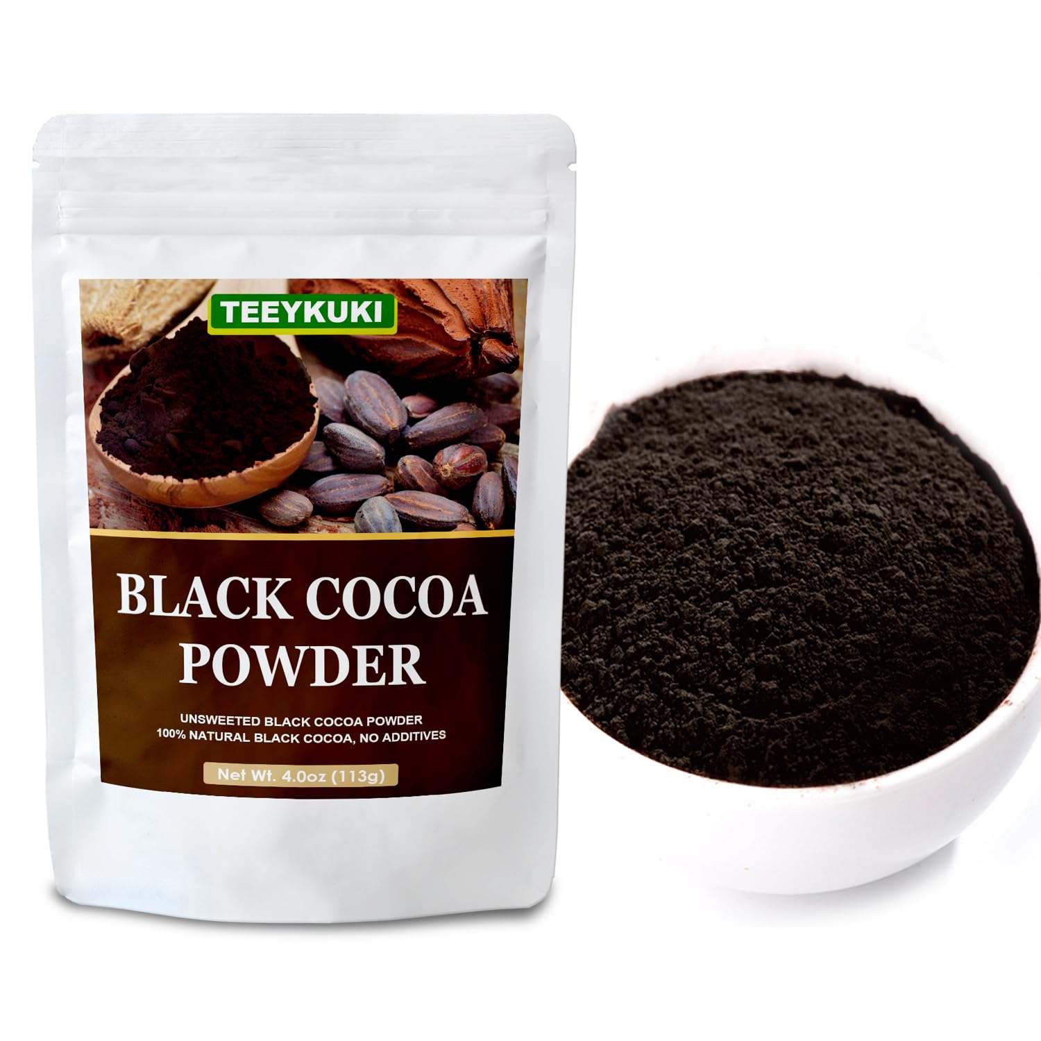 TEEYKUKI Black Cocoa Powder scoop over bowl suggests versatile recipe use.