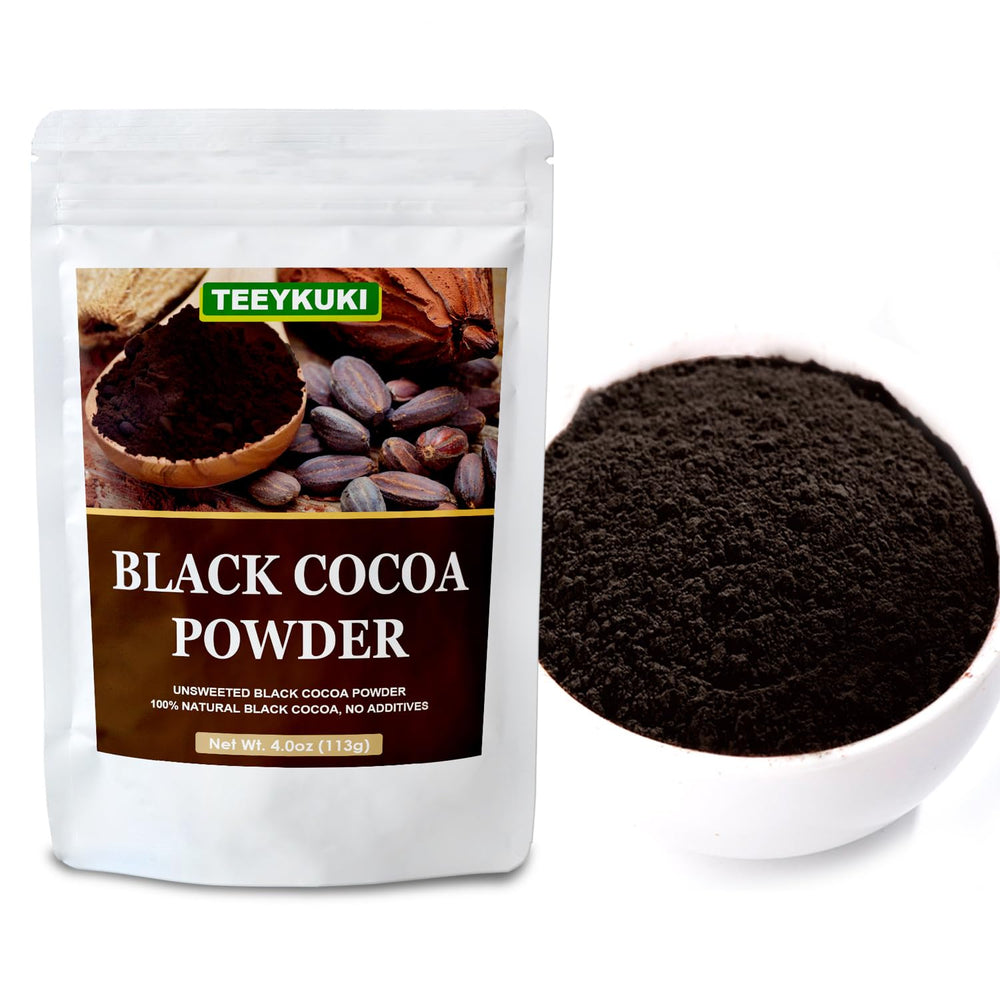 TEEYKUKI Black Cocoa Powder scoop over bowl suggests versatile recipe use.