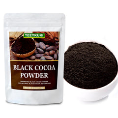 TEEYKUKI Black Cocoa Powder scoop over bowl suggests versatile recipe use.