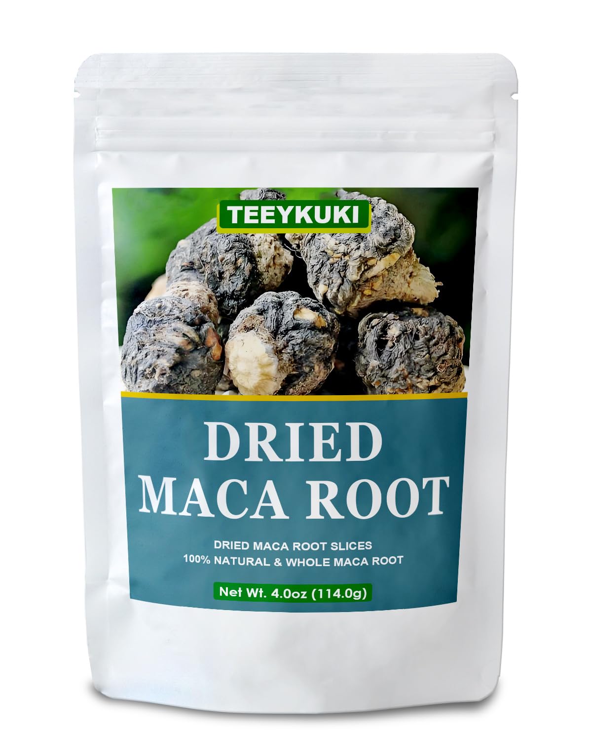 Teeyuki natural black maca root slices in a 4oz pack, ideal for smoothies.