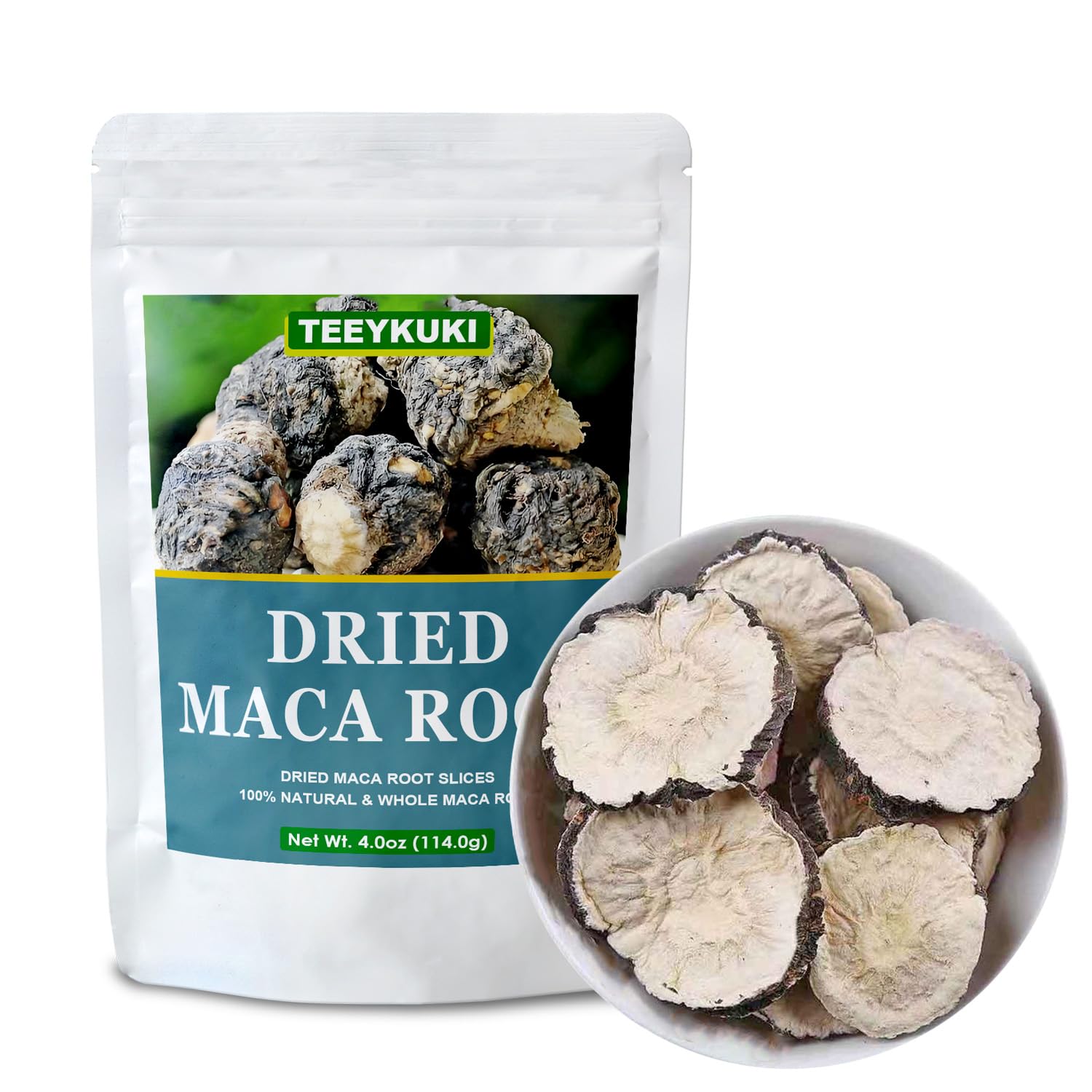 Teeyuki sun-dried black maca root slices in packaging, ready to add to teas.