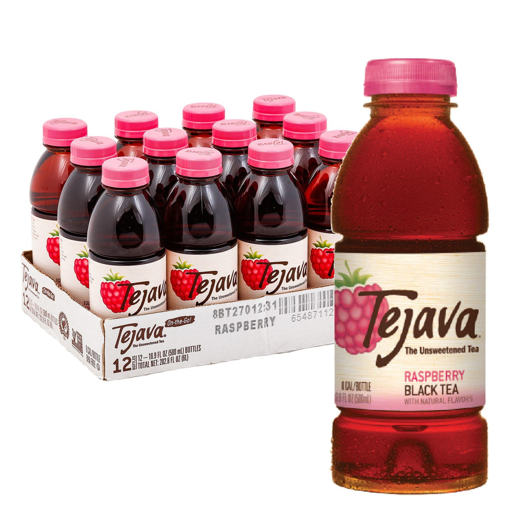 Tejava Raspberry Black Tea bottle shows pure flavor and unsweetened refreshment