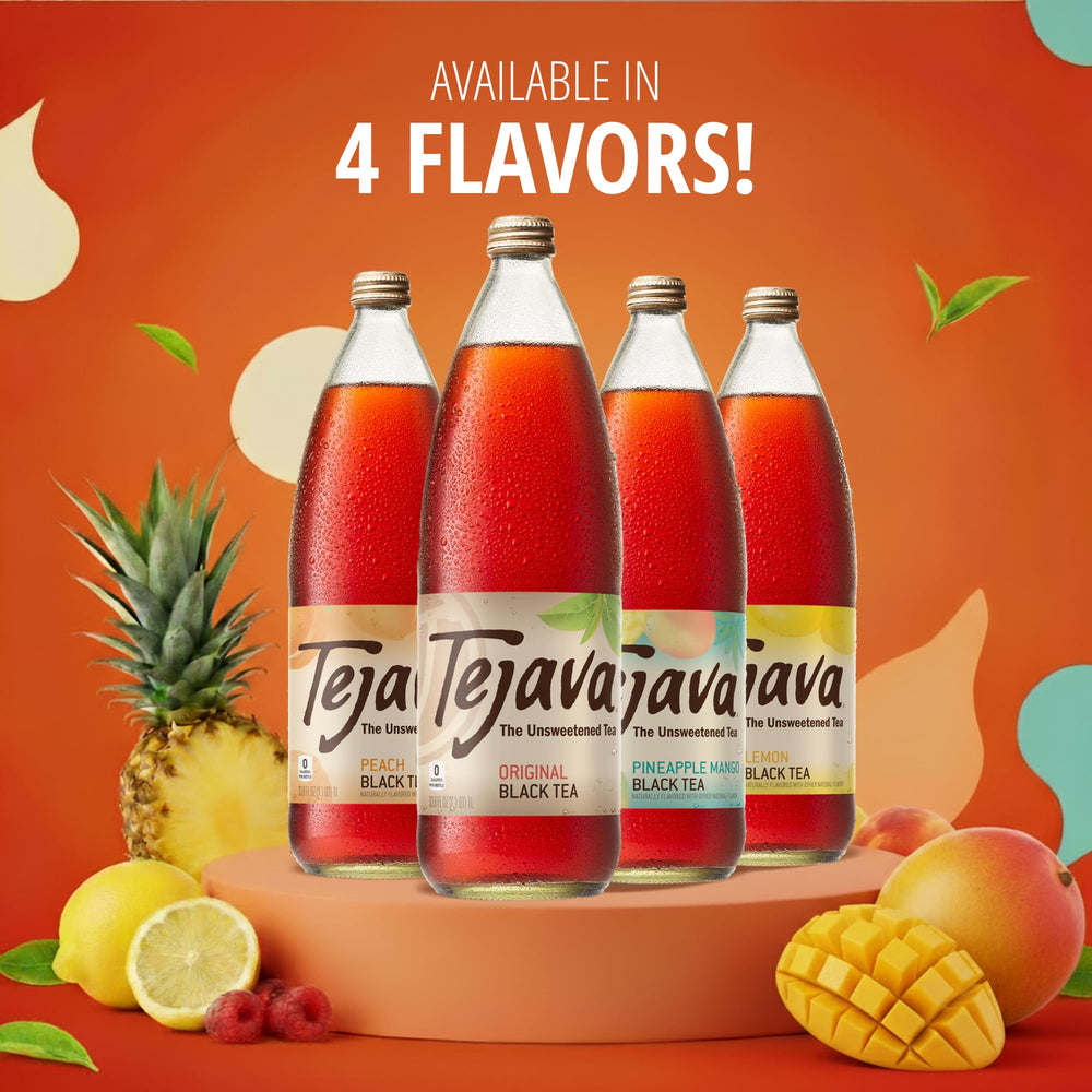 Tejava bottle with citrus finish suggests refreshing, bold taste.