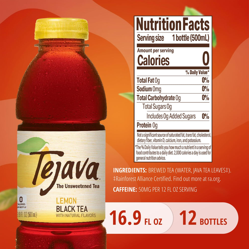 Tejava Lemon Black Tea bottle with lemon zest, showcasing crisp flavor.