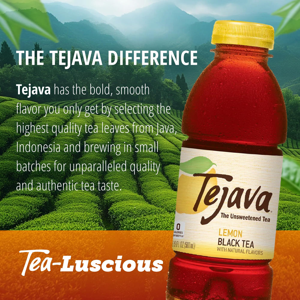 Chilled Tejava Lemon Black Tea with ice and lemon slice, inviting refreshment.