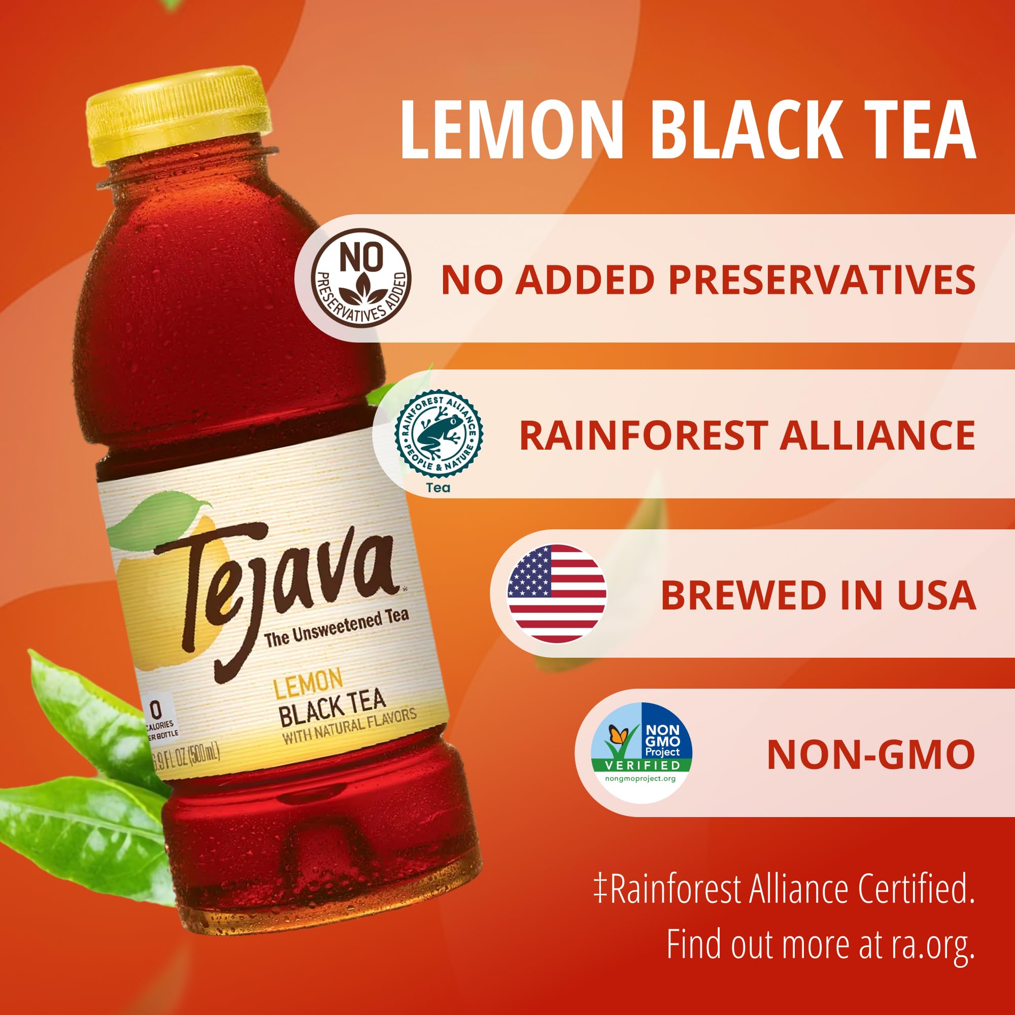 Pouring Tejava Lemon Black Tea into a glass, highlighting clear, unsweetened tea.