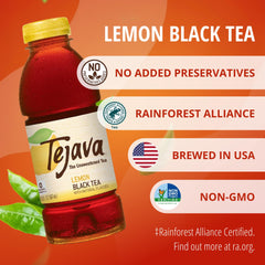 Pouring Tejava Lemon Black Tea into a glass, highlighting clear, unsweetened tea.