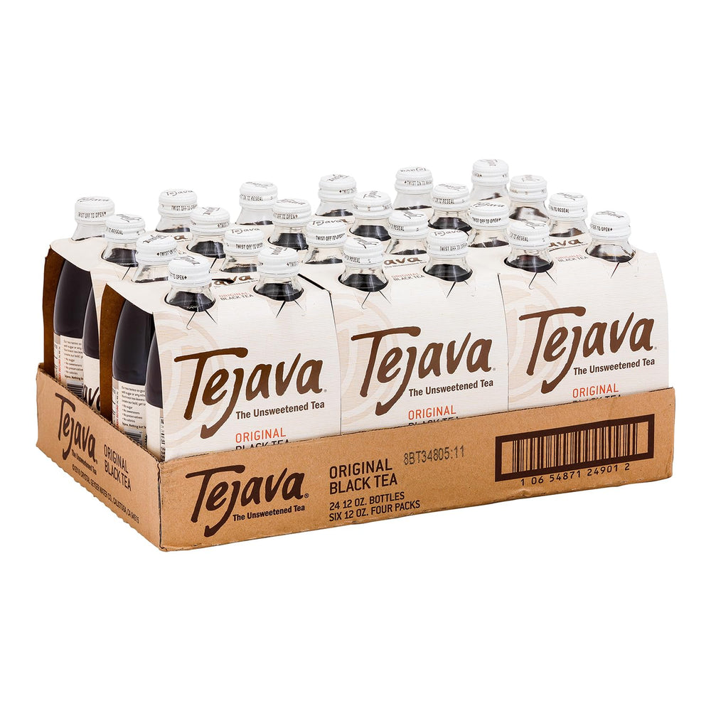 Tejava Original bottle in glass shows pure unsweetened tea for refreshing hydration on the go.