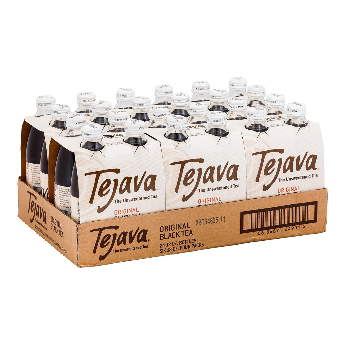 Tejava Original bottle in glass shows pure unsweetened tea for refreshing hydration on the go.