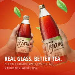Tejava Original bottle on ice conveys cooling, zero calorie refreshment ideal for warm days.