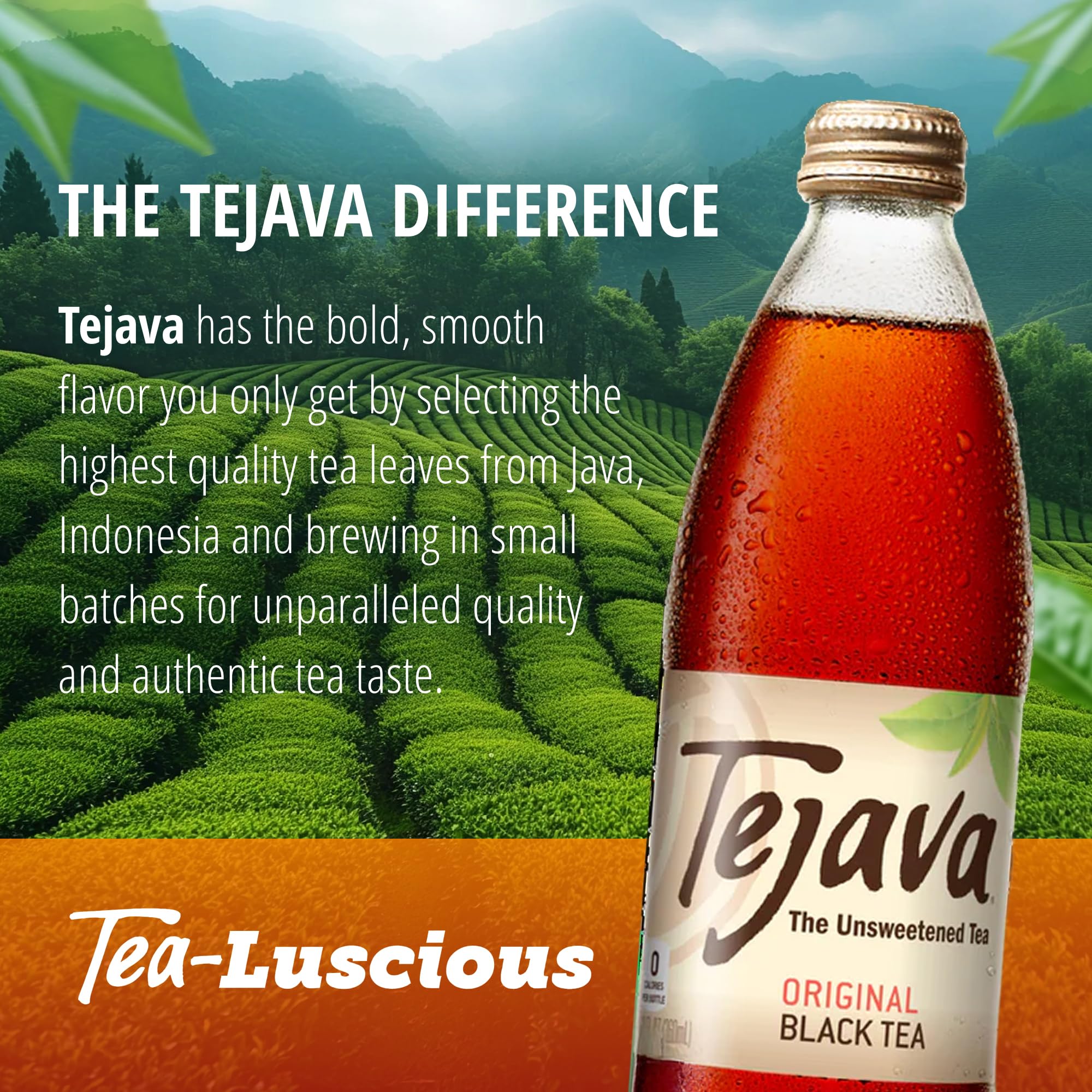 Tejava Original bottle rainforest badge spotlights sustainable sourcing and non-GMO quality.