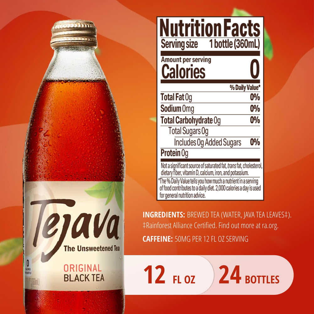 Tejava Original label closeup emphasizes premium sourcing and quality notes for refined taste.