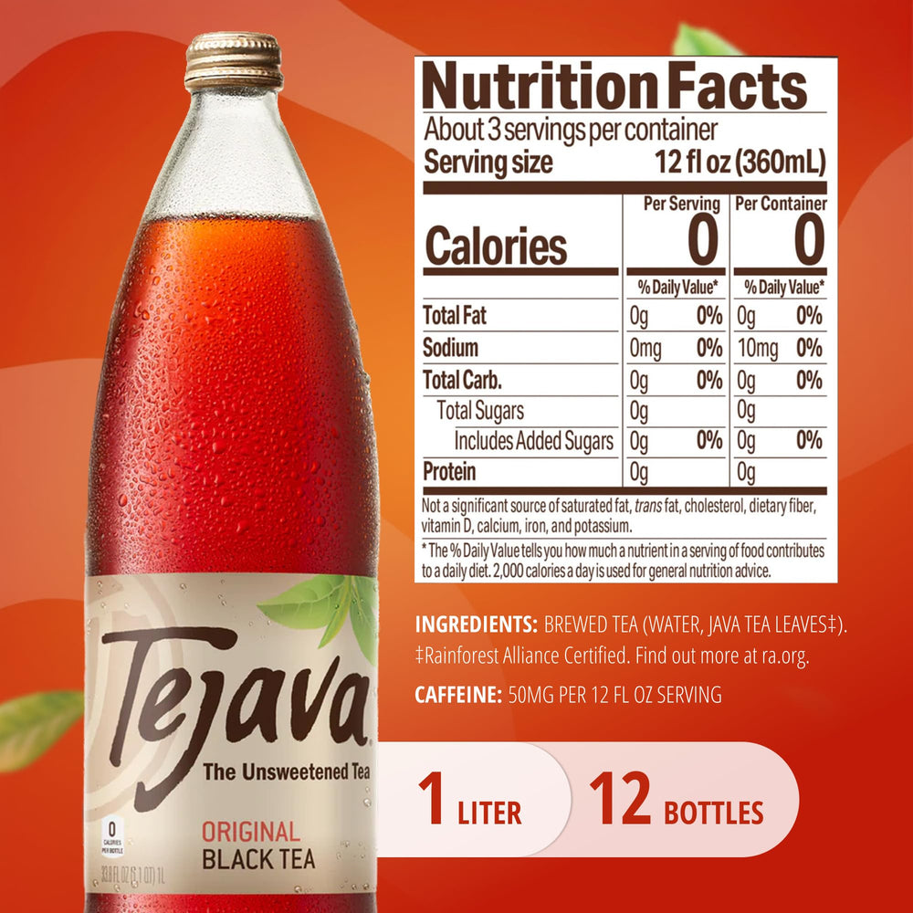 Tejava unsweetened tea bottle closeup highlights pure, bold flavor.
