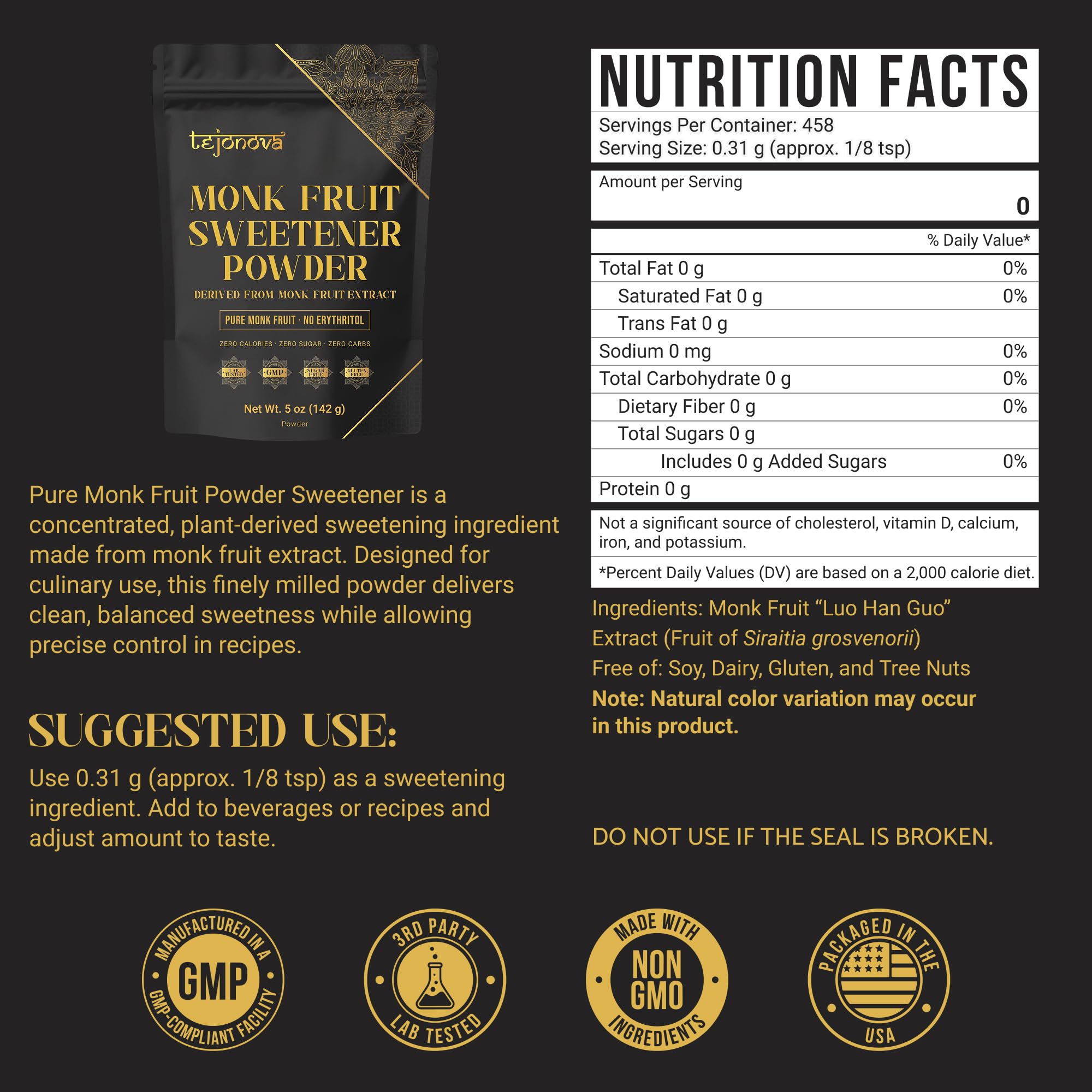 Tejonova Monk Fruit Sweetener Powder pack illustrating keto-friendly sugar alternative.