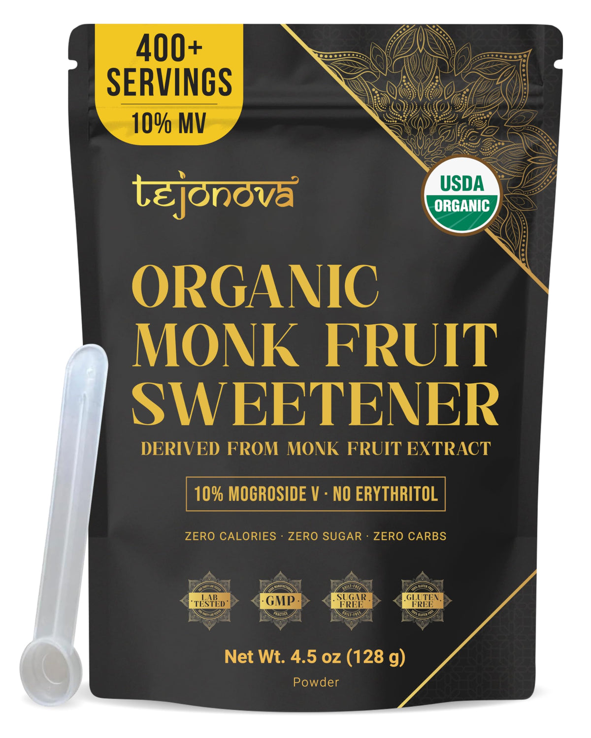 Tejonova Organic Monk Fruit Powder packaging showing pure, calorie-free sweetener.