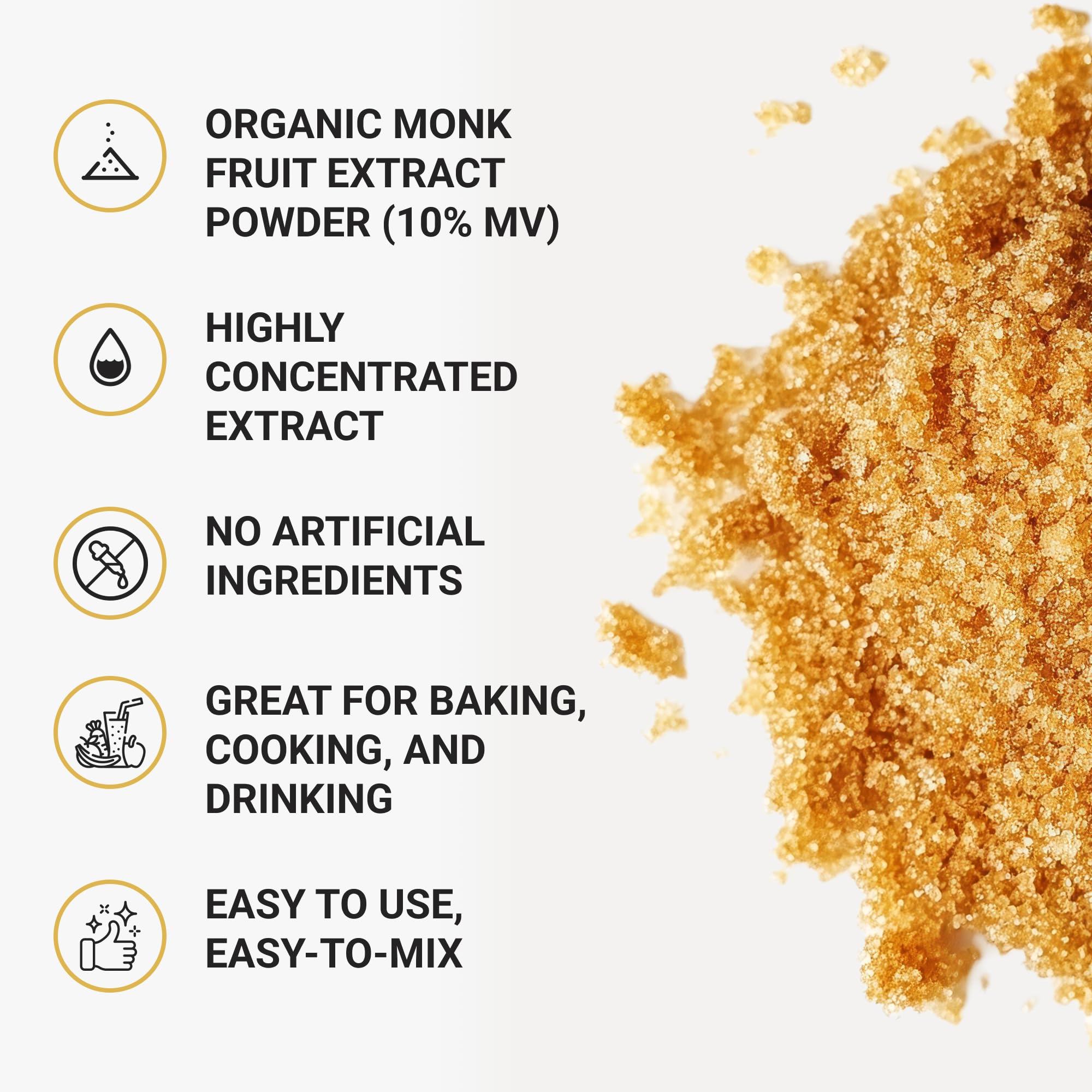 Tejonova Organic Monk Fruit Powder with measuring scoop for precise portions.